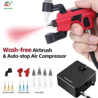 40PSI Wash-Free Airbrush Kit Auto-Stop Compressor 0.3mm