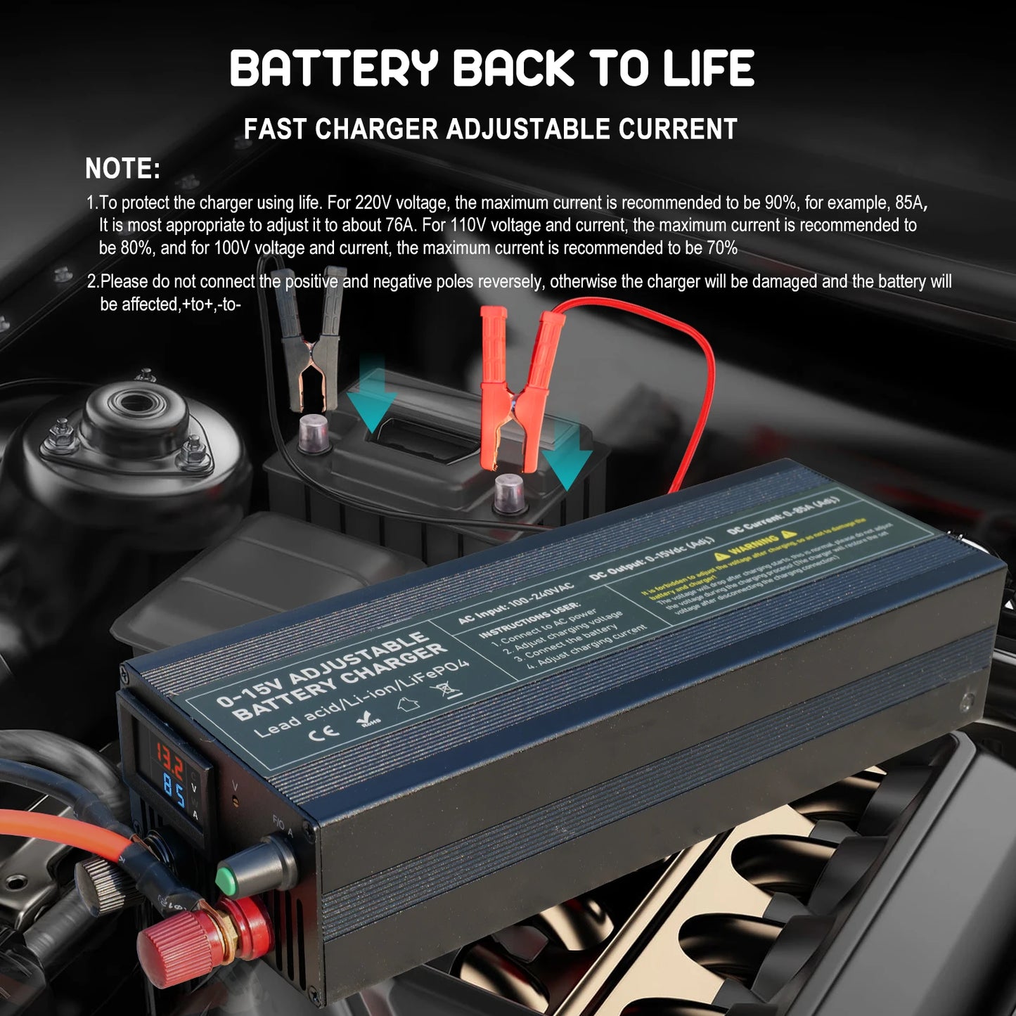 Adjustable 0 to 15V 60A Lithium Battery Charger with Clip