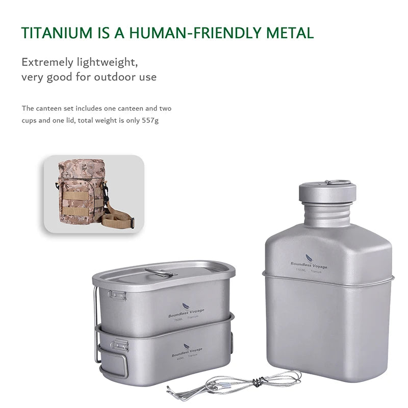 Titanium Camping Cookware Set 1100ml Bottle 750ml Pot 400ml Bowl