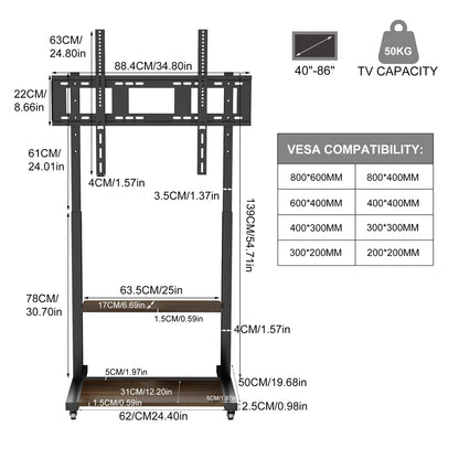 Portable Rolling TV Stand with Shelves 40–100 Inch