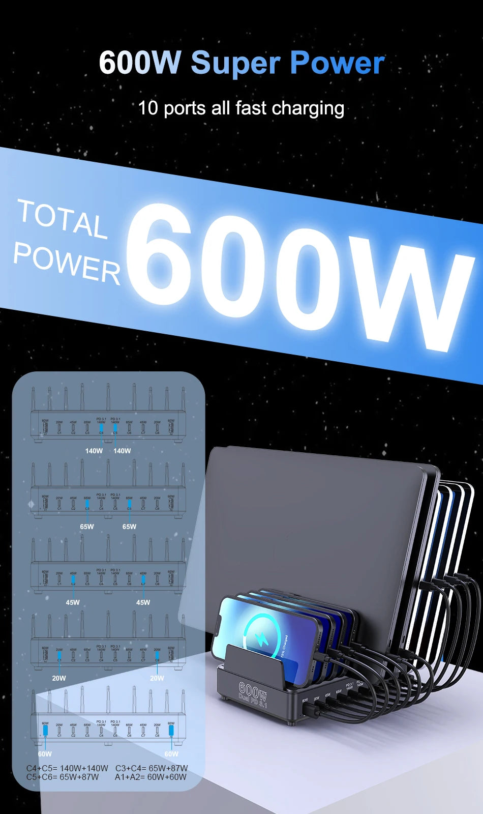 600W Multi USB Fast Charging Station with 10 Ports