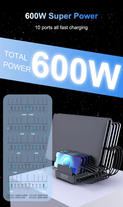 600W Multi USB Fast Charging Station with 10 Ports
