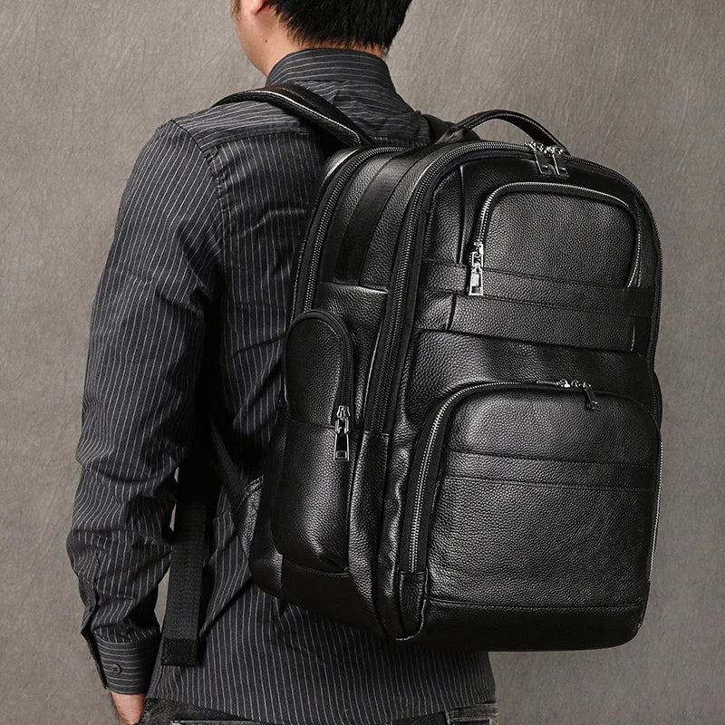 Large Capacity Leather Laptop Backpack with USB Charging