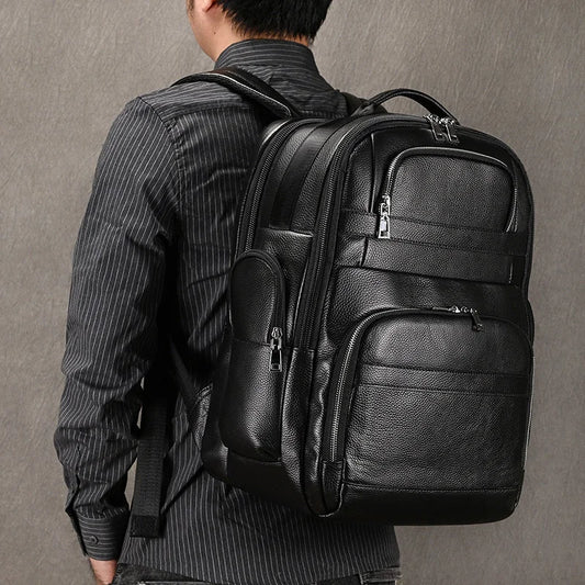 Large Capacity Leather Laptop Backpack with USB Charging