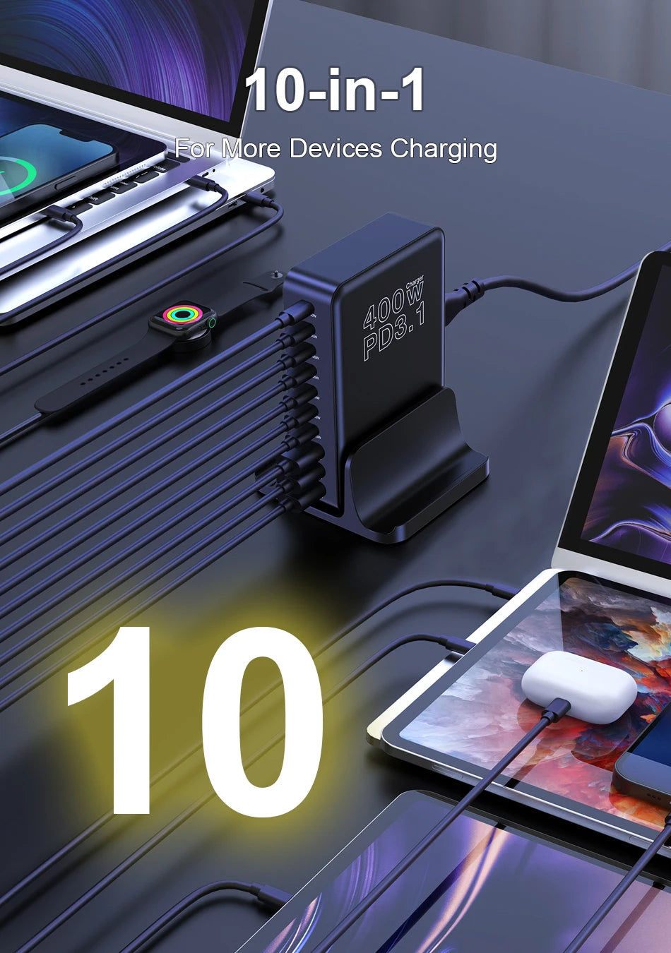 400W GaN USB-C Charging Station with 10 Ports