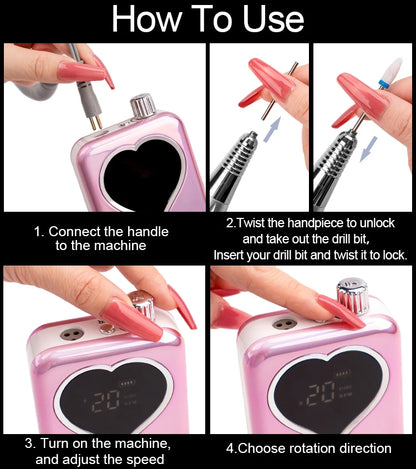 Electric Nail Drill 35000RPM Acrylic File Heart Screen