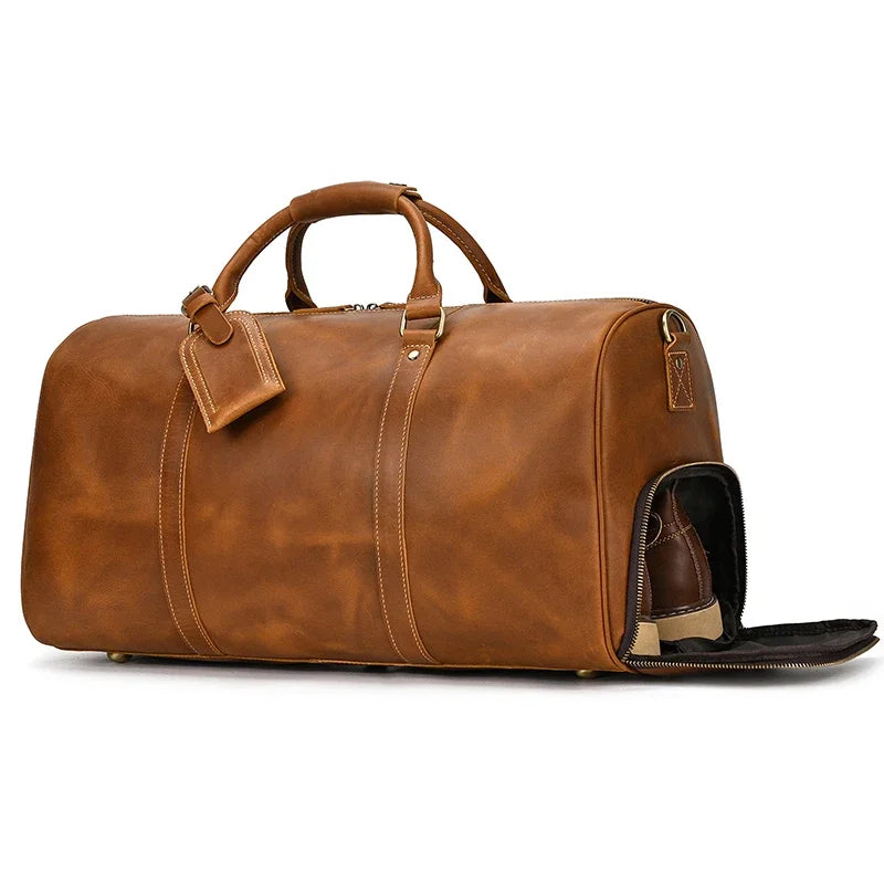 Leather Shoulder Travel Duffle Bag Light Brown