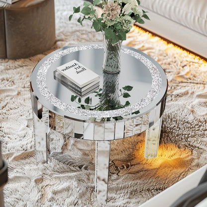 Round Mirrored Bedside Table Crystal Diamond Accent Side Table