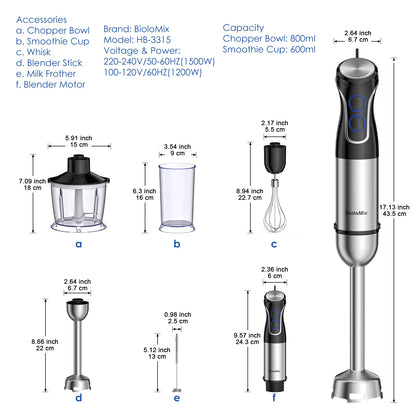 Portable 1500W Hand Blender with Food Processor & Smoothie Maker