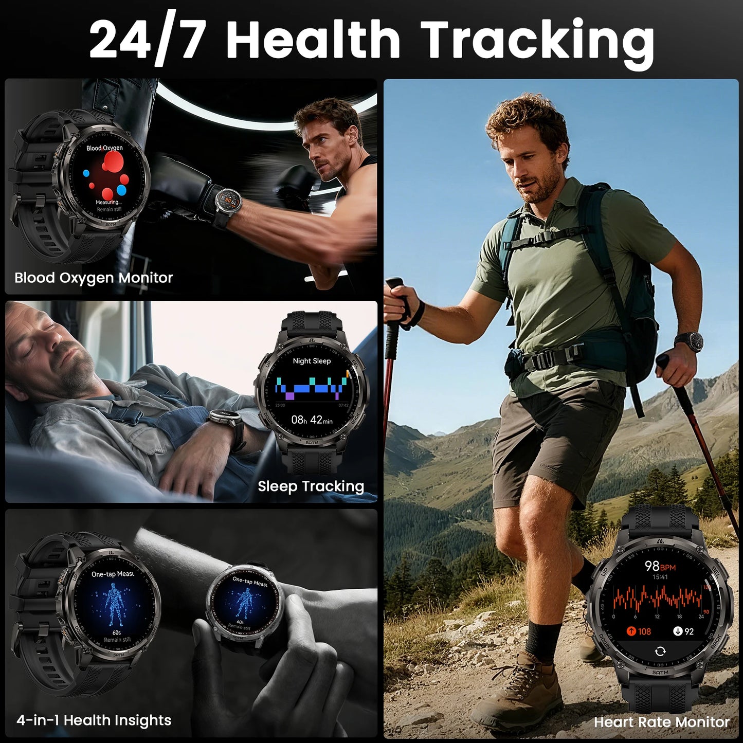 Tactical Smartwatch GPS Walkie Talkie 5ATM Waterproof Black