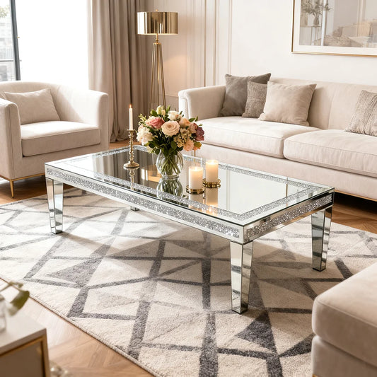 Modern Mirrored Coffee Table 120cm Crushed Crystal Centre Table