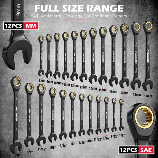 72-Tooth Ratchet Spanners 24PC Black Finish Tool Set