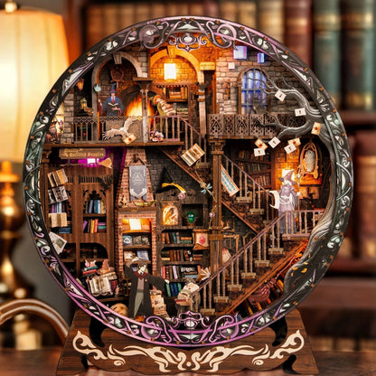 DIY Wooden Miniature Magic Library Dollhouse Kit with Furniture
