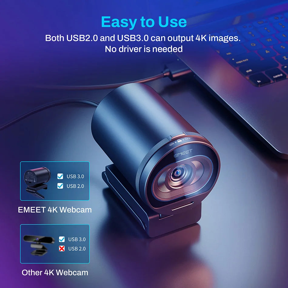 4K USB Webcam with Autofocus and Dual Microphones
