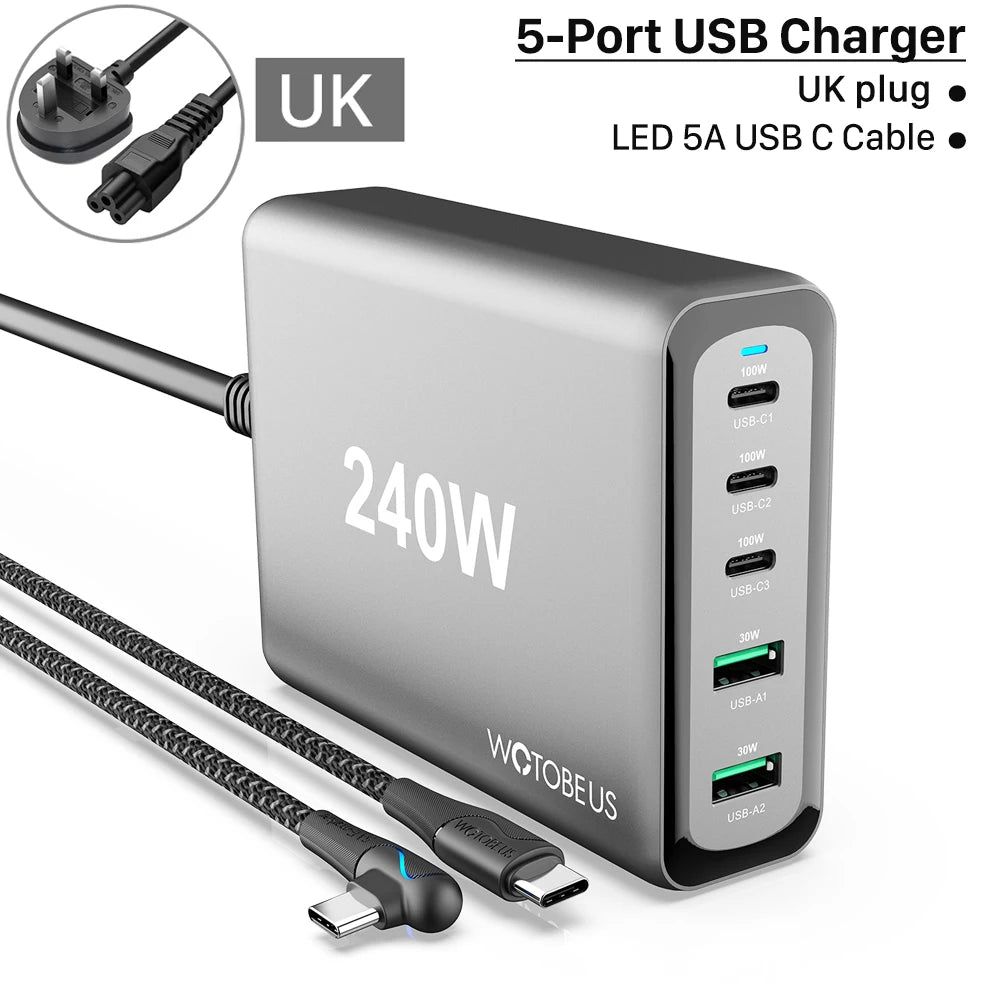 240W GaN 5-Port USB C Fast Charger with 5A Cable
