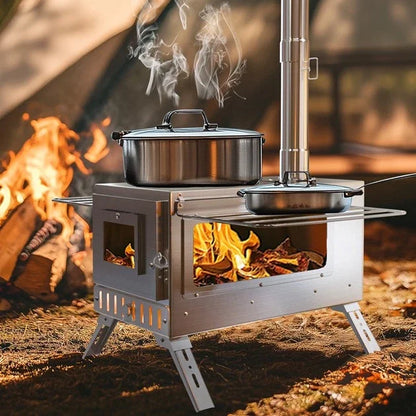Portable Wood Burning Tent Stove with 6 Chimney Pipes