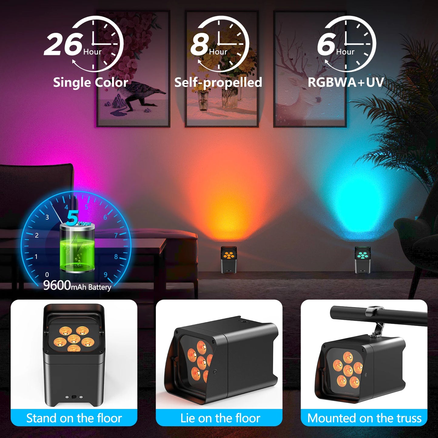 Rechargeable LED Par Stage Lights 2 Pack with WiFi Control
