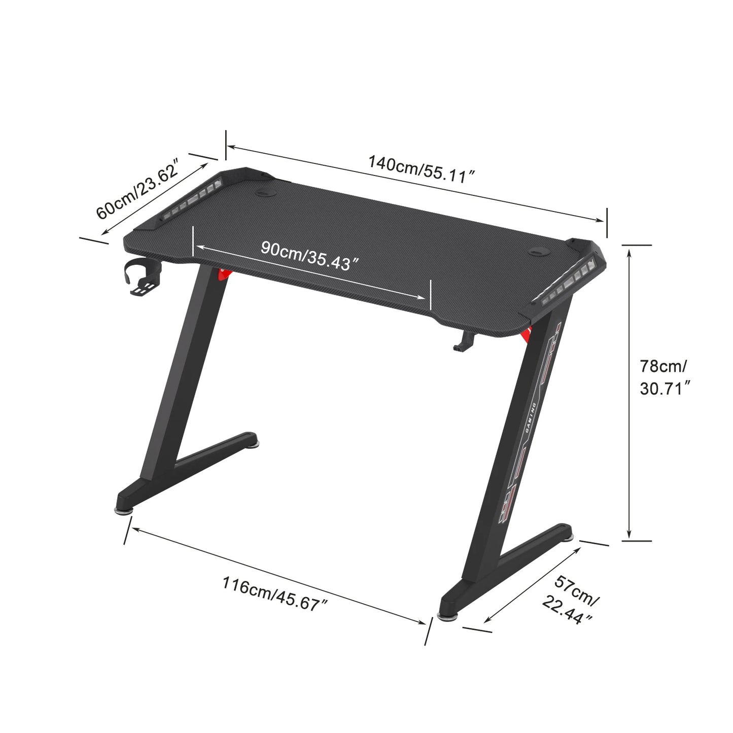 Z-Shaped Gaming Desk with RGB LED Lights 140cm