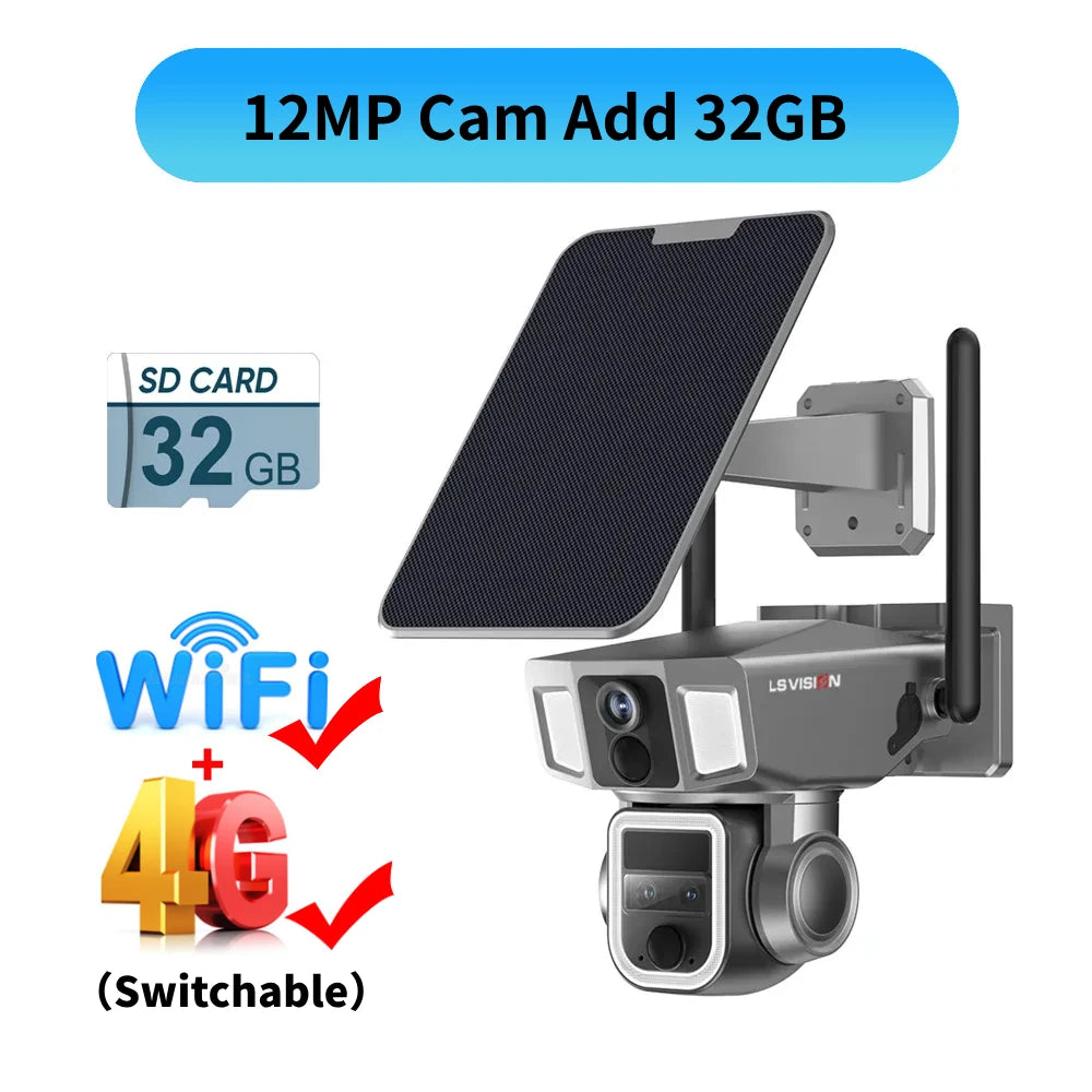Multi Lens 6K 4G WiFi Solar Security Camera 32GB