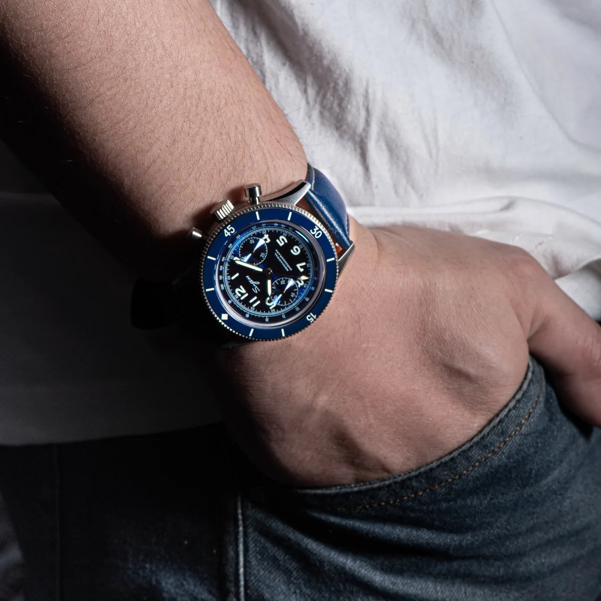 Mechanical Pilot Wristwatch with Luminous Blue Dial