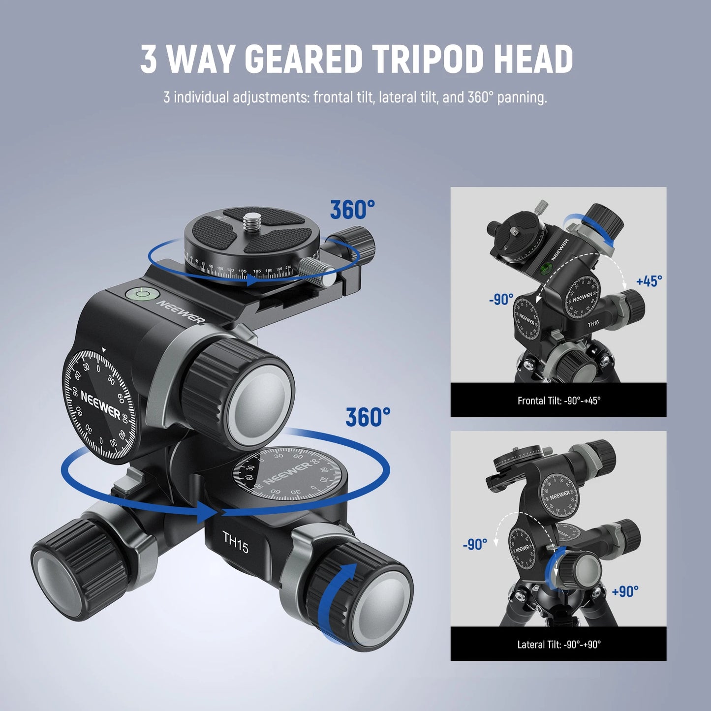 3-Way Geared Tripod Head with 360° Panoramic Control
