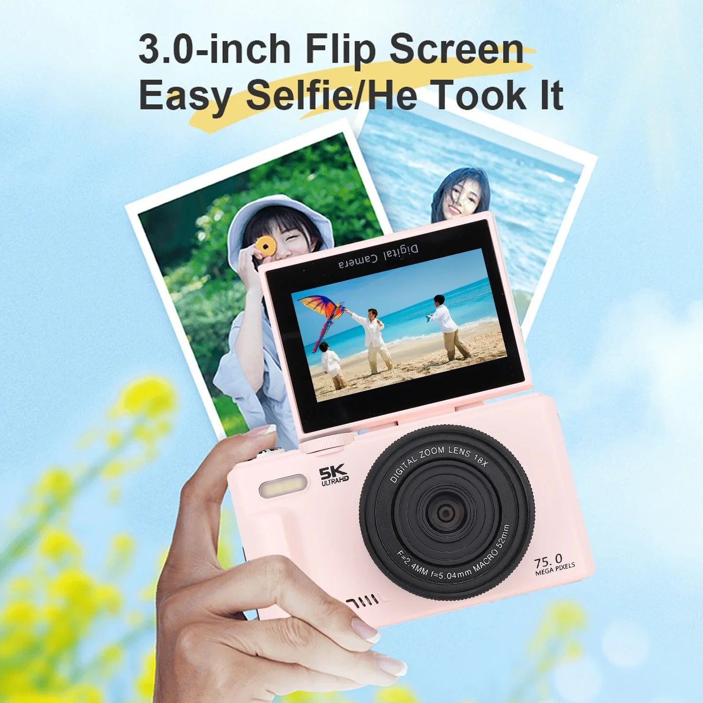 5K 75MP Vlogging Camera 18X Zoom Flip Screen with Flash