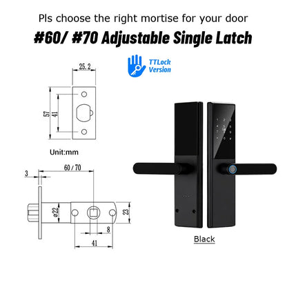 Bluetooth Smart Door Lock with Adjustable Latch 60–70mm