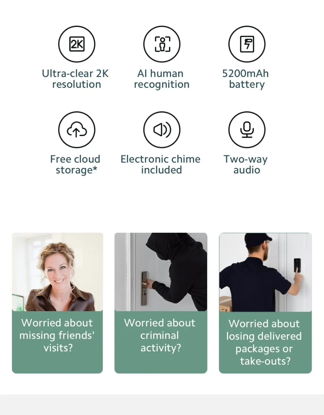 2K Smart Video Doorbell with Night Vision and AI Alerts