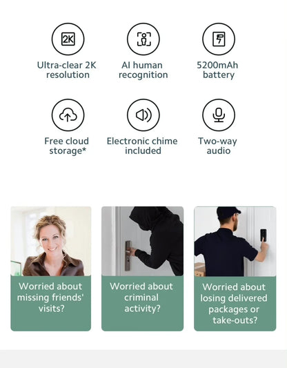 2K Smart Video Doorbell with Night Vision and AI Alerts