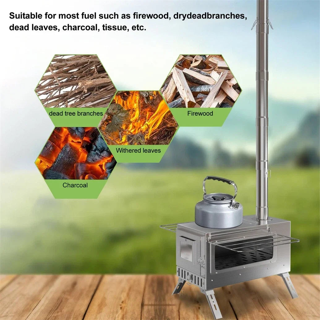 Portable Wood Burning Tent Stove with 6 Chimney Pipes
