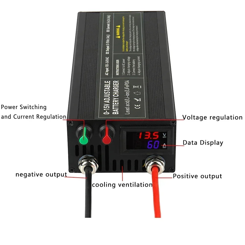Adjustable 0 to 15V 60A Lithium Battery Charger with Clip
