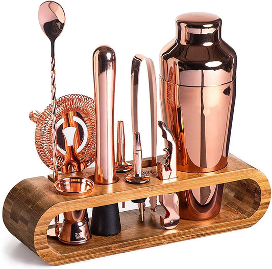 Copper Cocktail Bar Tool Set with Bamboo Stand