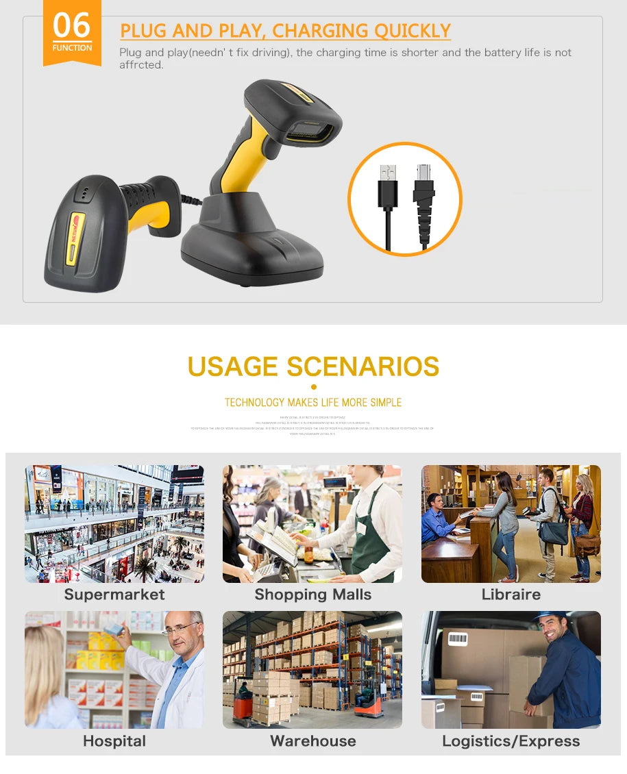 Cordless Bluetooth Barcode Scanner 2D QR Code for POS