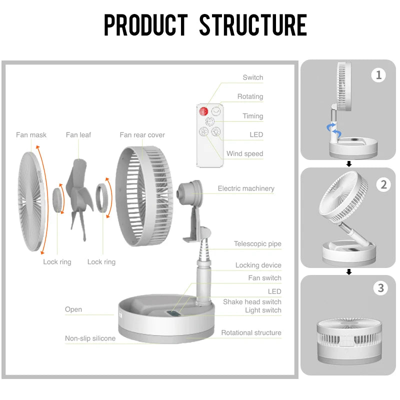 Portable Folding Fan Rechargeable with Carry Bag and Remote