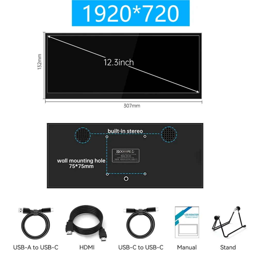12.3 Inch Portable Touchscreen Monitor IPS Type-C HDMI Display
