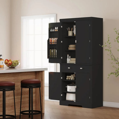 Black 72" Kitchen Pantry Storage Cabinet 6 Shelves