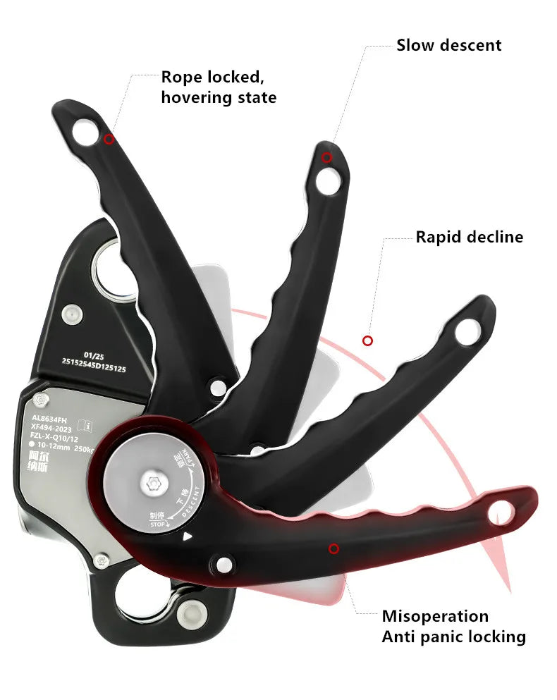 Self-Braking Climbing Descender for Rope Safety