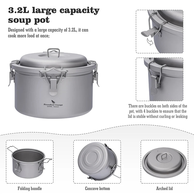 3.2L Titanium Camping Pot Ultralight Outdoor Cooker