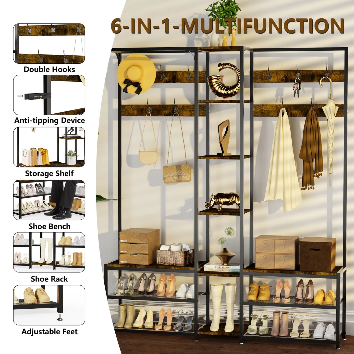Rustic Corner Coat Rack Bench with Shoe Storage & Hooks
