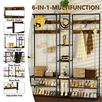 Rustic Corner Coat Rack Bench with Shoe Storage & Hooks