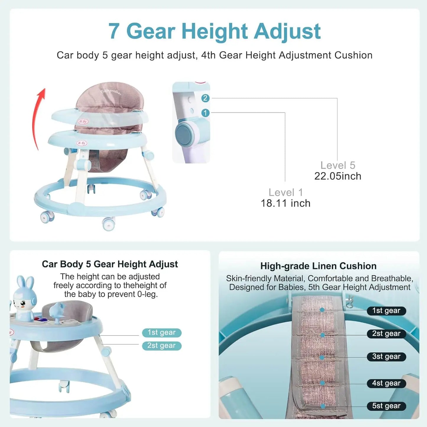 Foldable Musical Baby Walker 6 Wheel Adjustable