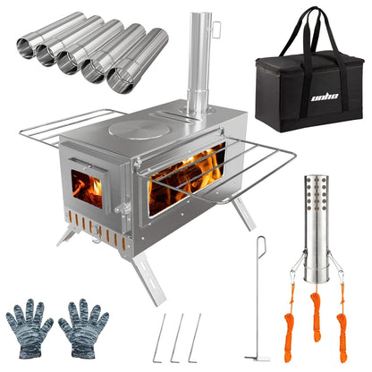 Outdoor Wood Burning Tent Stove with 7-Piece Chimney Set
