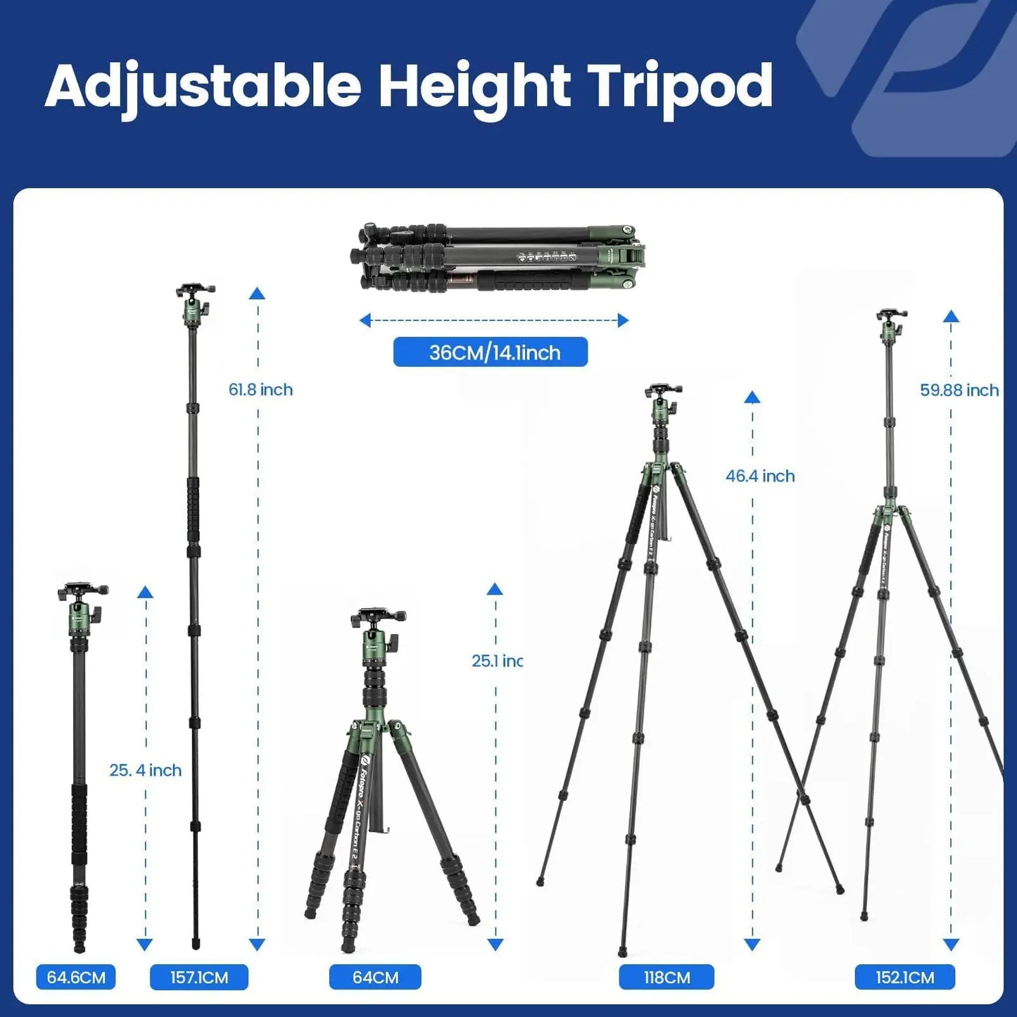151cm Carbon Fiber Travel Tripod with Detachable Monopod Green