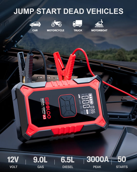 Portable 3000A Jump Starter with Auto-Shutoff Tire Inflator