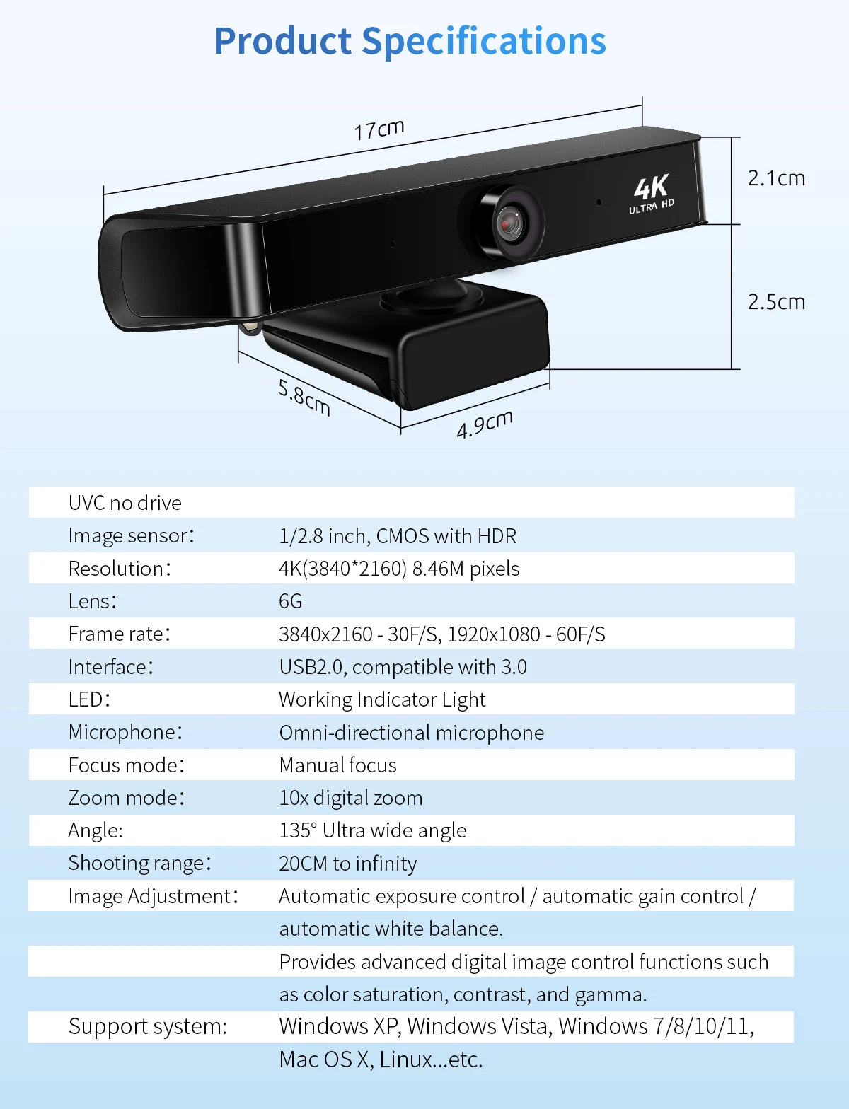 Auto-Focus 4K Webcam for Video Conferencing