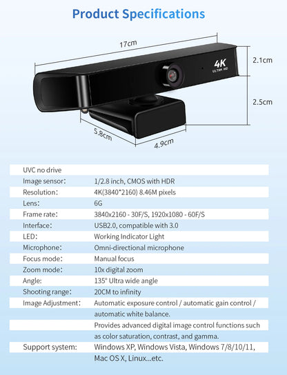 Auto-Focus 4K Webcam for Video Conferencing