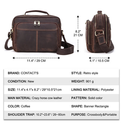 Vintage Crazy Horse Leather Messenger Bag Large Capacity