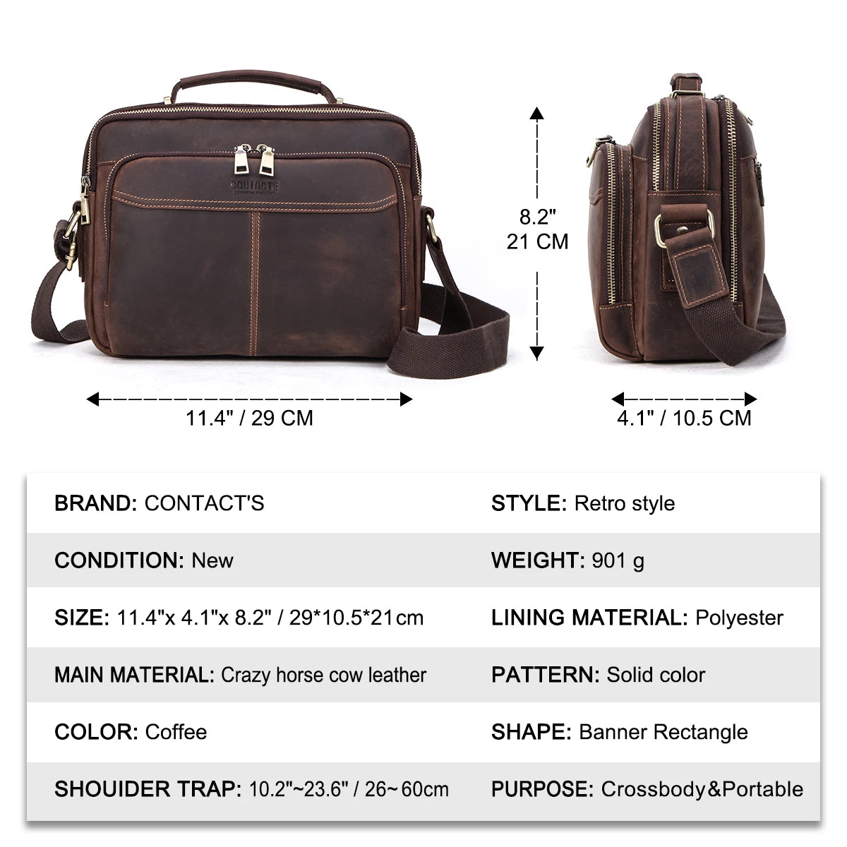Men’s Black Leather Shoulder Bag with Adjustable Strap