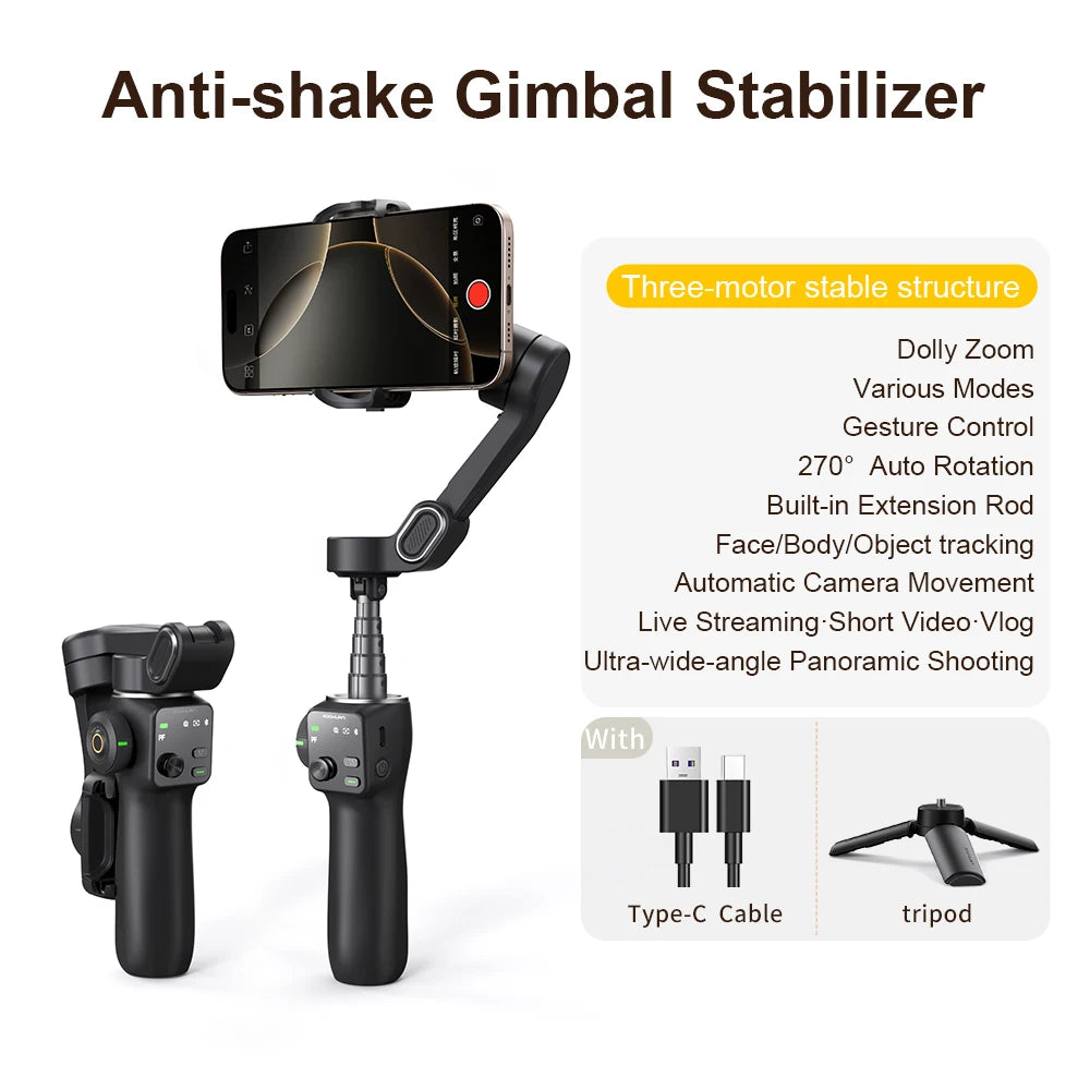 Portable Handheld Gimbal Stabilizer with Selfie Stick Black