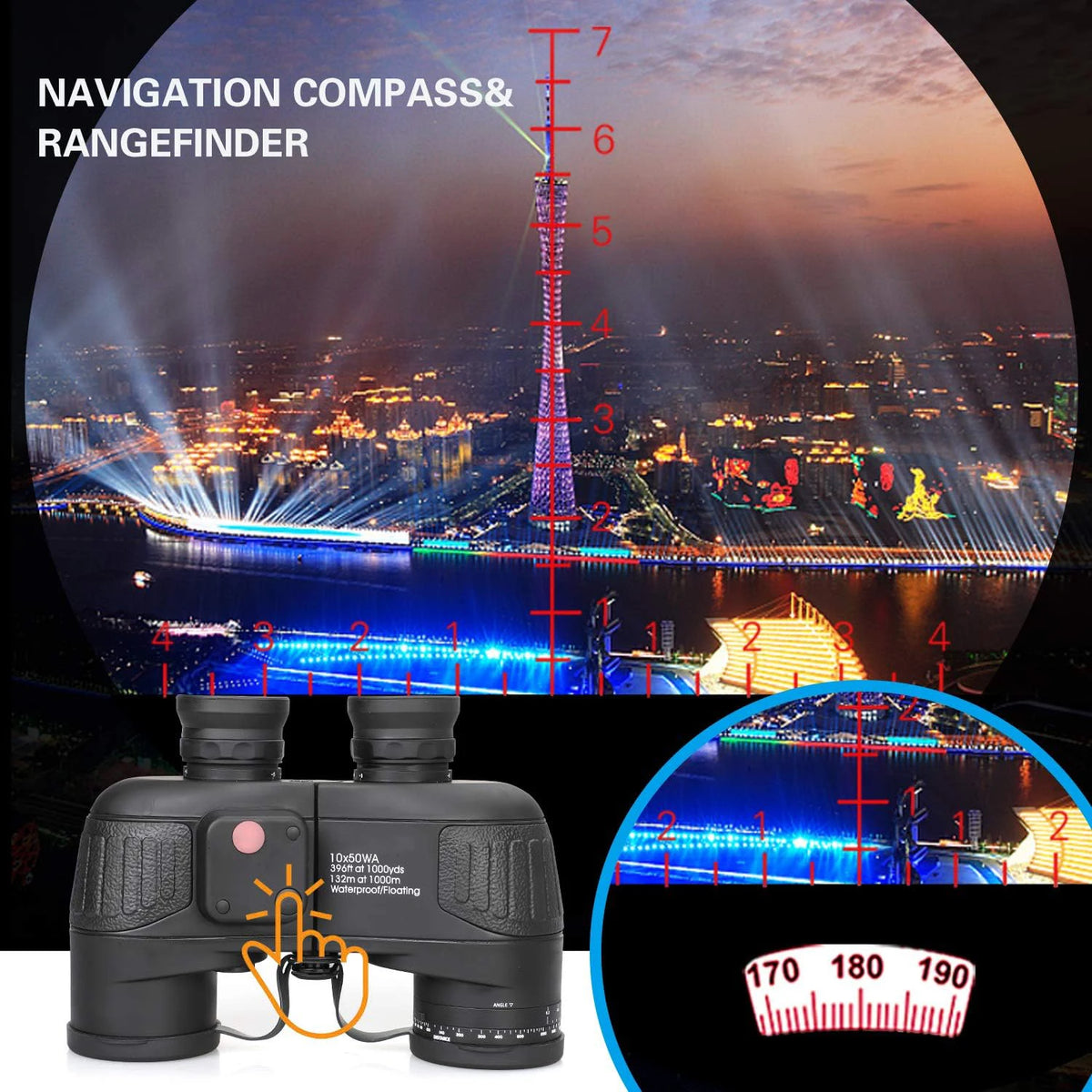 10x50 Marine Binoculars with Compass Rangefinder, IPX7 Waterproof